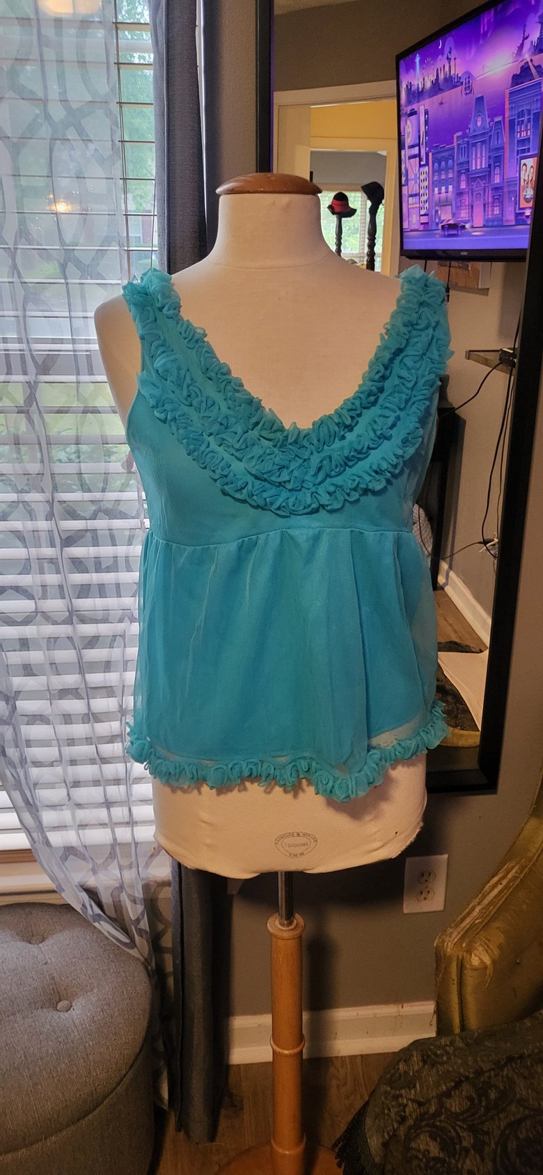 Image of Fun Vintage Turquoise Frilly Nylon Top