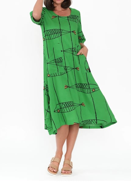 Image of Bella Fish Cotton Linen Dress - Jade