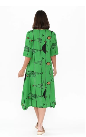 Image of Bella Fish Cotton Linen Dress - Jade