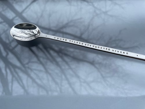 Image of silver long spoon with inscription in Latin