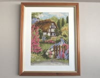 Image 1 of Vintage Needlework, Thatched Cottage and Garden, Textile Wall Art, Frame Sized 15 7/10 x 12 7/10 in 