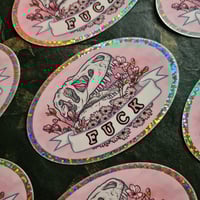 Image 5 of FUCK - Tyrannosaurus & Magnolia Flowers - Glitter Die-Cut Vinyl Sticker