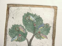 Image 3 of Vintage Small Painting on an Engraving Print, Tree Birds & Five Gold Rings by M J Epps, Framed 