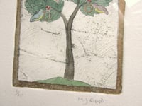 Image 4 of Vintage Small Painting on an Engraving Print, Tree Birds & Five Gold Rings by M J Epps, Framed 