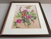 Image 2 of Vintage Floral Painting of Pink Purple Flowers, Signed Acrylic Artwork, Framed Size 15 3/4 x 13 ins 