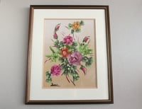 Image 1 of Vintage Floral Painting of Pink Purple Flowers, Signed Acrylic Artwork, Framed Size 15 3/4 x 13 ins 