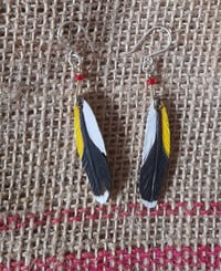 Small leather goldfinch feather earrings