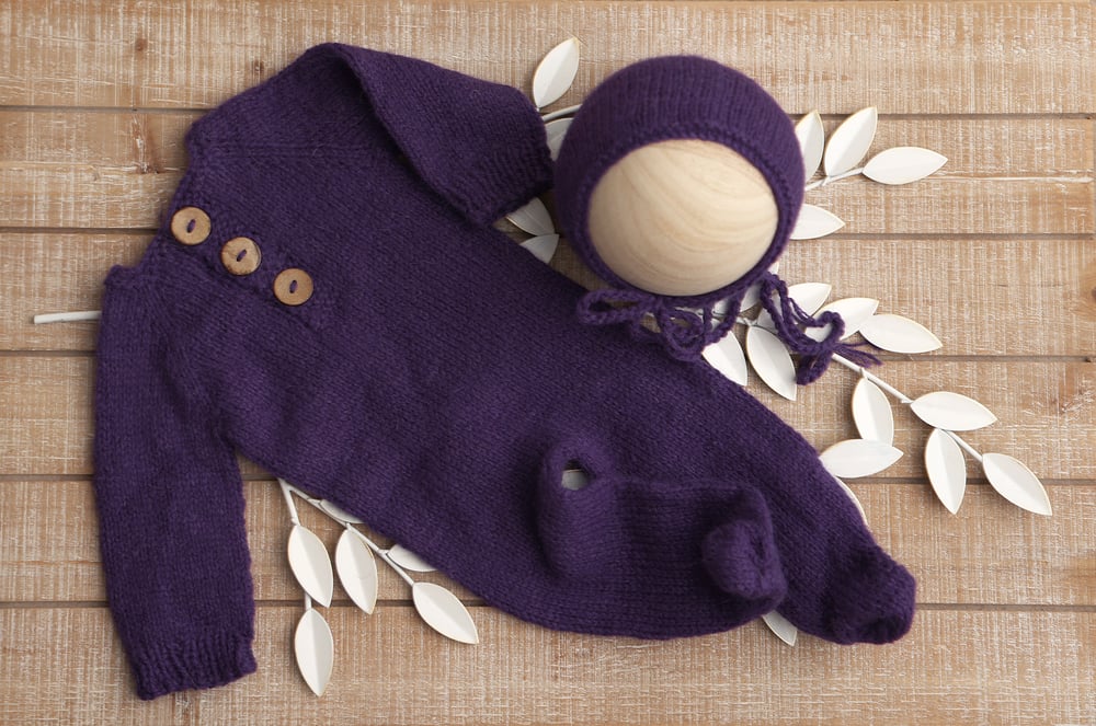 Image of Footed Romper and Bonnet Set - ROYAL PURPLE
