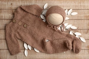 Image of Footed Romper and Bonnet Set - BROWN