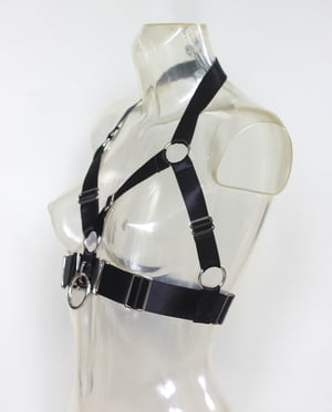 Image of  MADE TO ORDER - Elastic O Ring Harness Bra in black satin (Size XS - XL)