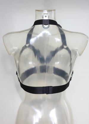 Image of  MADE TO ORDER - Elastic O Ring Harness Bra in black satin (Size XS - XL)