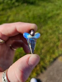 Image 2 of Moonstone & Electrum (glass) shark tooth pendant. 