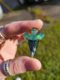 Image 1 of Sea slyme with blue stardust over Electrum (glass) shark tooth pendant. 