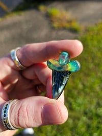 Image 2 of Sea slyme with blue stardust over Electrum (glass) shark tooth pendant. 