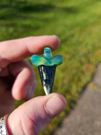 Image 3 of Sea slyme with blue stardust over Electrum (glass) shark tooth pendant. 