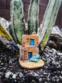 Image 1 of Mini Zuni Pueblo House Shelf w/ real Turquoise, Mini Altar, Wall Hanging, Clay Wall Art Sculpture...