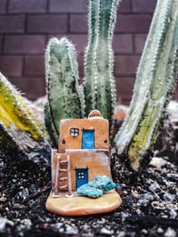 Image 2 of Mini Zuni Pueblo House Shelf w/ real Turquoise, Mini Altar, Wall Hanging, Clay Wall Art Sculpture...