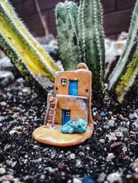 Image 4 of Mini Zuni Pueblo House Shelf w/ real Turquoise, Mini Altar, Wall Hanging, Clay Wall Art Sculpture...