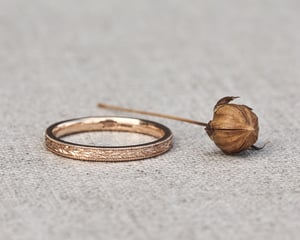 Image of 18ct rose gold, 2mm flat court, laurel leaf and milled edge engraved ring