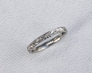 Image of Platinum 2mm flat court floral engraved ring