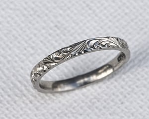 Image of Platinum 2mm flat court floral engraved ring