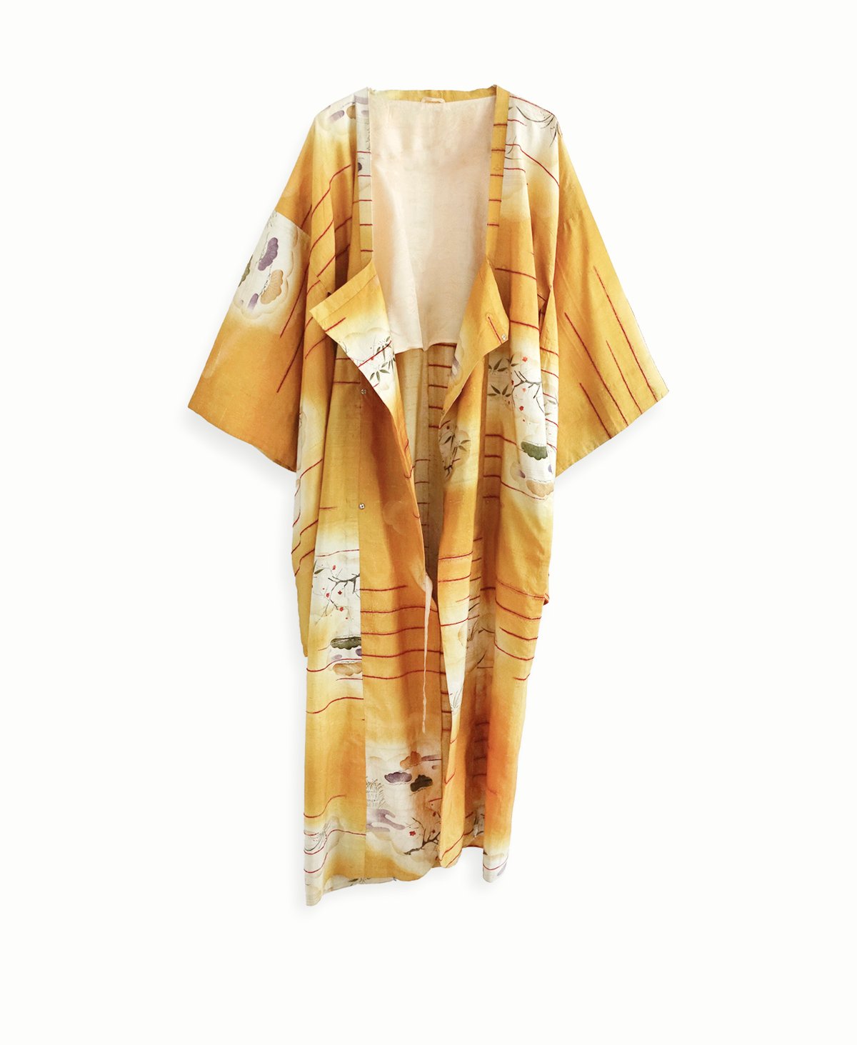 Image of Safrangylden kimono dame af råsilke med sky-malerier