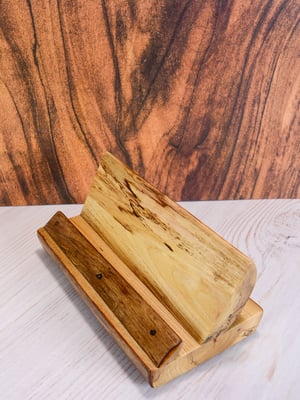 Image of Handmade wooden cell phone or ipad tablet holder made of Ash wood, desk essential for home or office