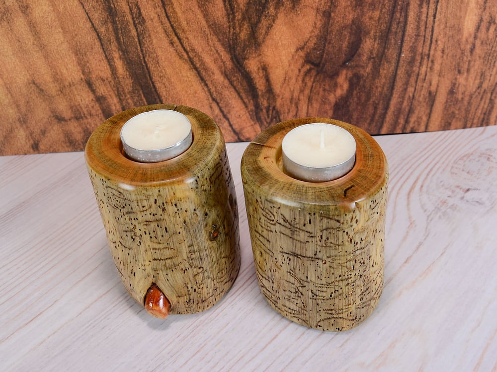 Image of Set ot tea light Wooden Candle Holders including the tea lights, Two Tea Light holders, Rustic