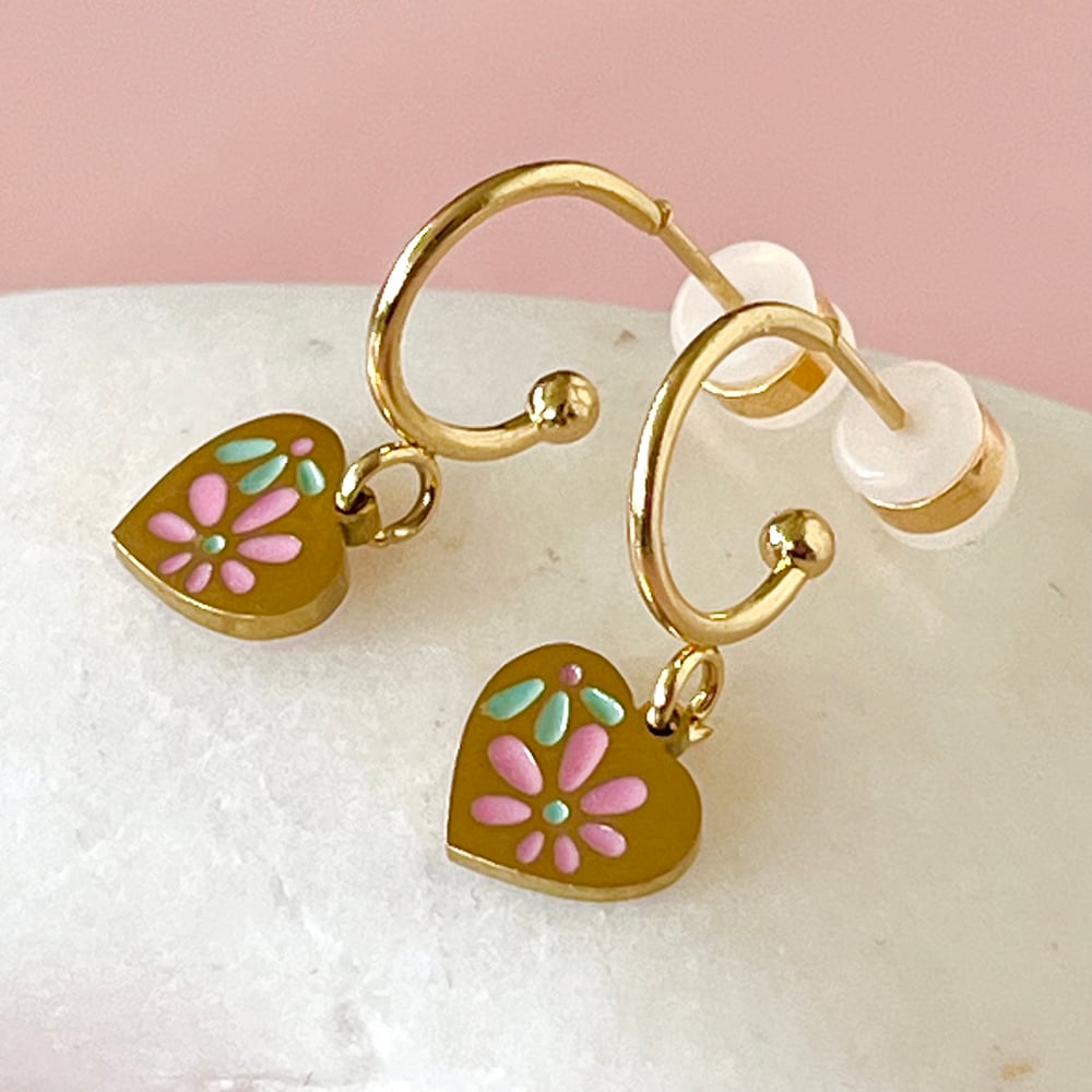 Image of Pretty floral Heart Huggie Hoops