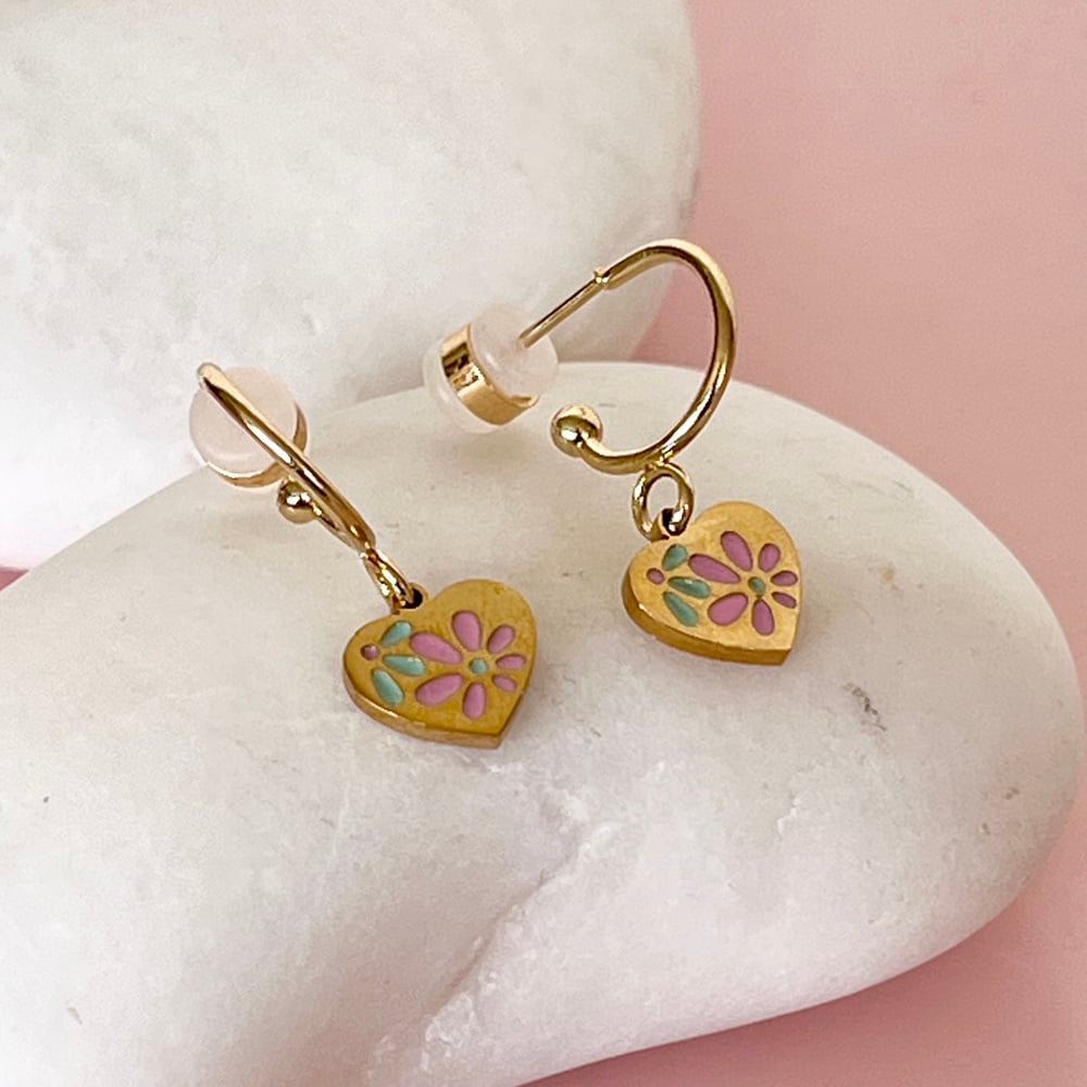 Image of Pretty floral Heart Huggie Hoops