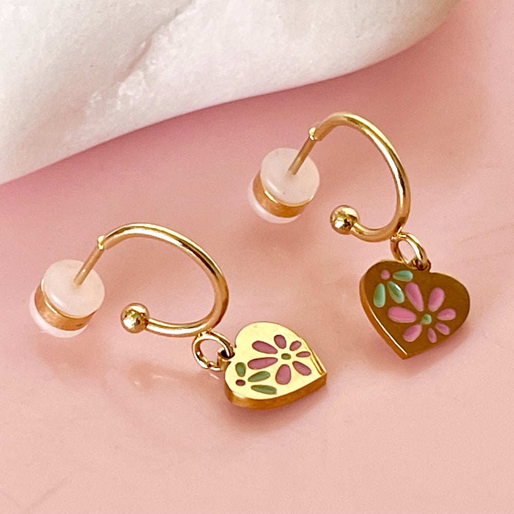 Image of Pretty floral Heart Huggie Hoops