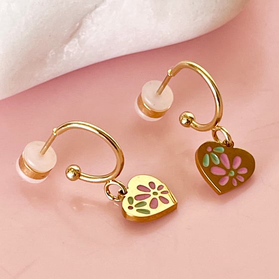 Image of Pretty floral Heart Huggie Hoops