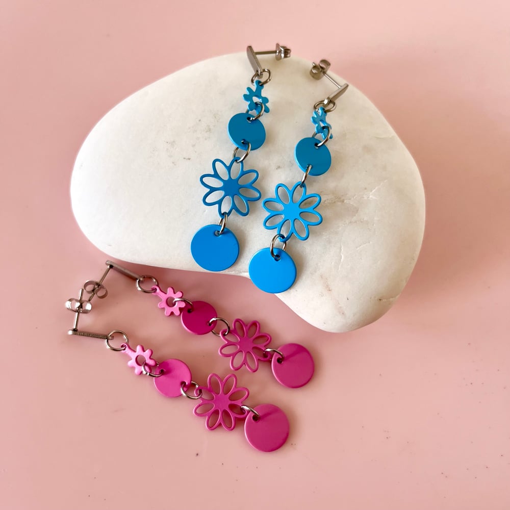 Image of Long Multi Flower Drops - Blue or Pink