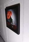 Expressionist Flower Painting on Canvas Panel, 8x8 Framed: 'Falling In Slow Motion'