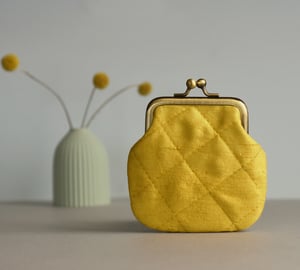 Image of Heather + bog myrtle, yellow quilted silk kisslock purse, dyed with plants