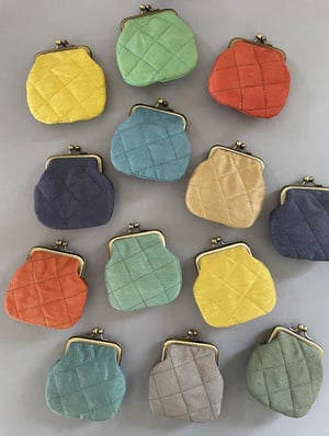 Image of Heather + bog myrtle, yellow quilted silk kisslock purse, dyed with plants