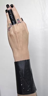 Image 2 of CURSED ARROWS unisex ring studded black vegan leather soft stretchy finger cuff 