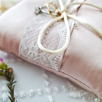 Image 3 of Pink Satin Ring Bearer Pillow with White Lace and Gold Charm Accent