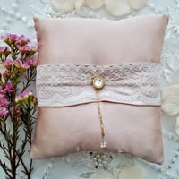 Image 1 of Pink Satin Ring Bearer Pillow with White Lace and Gold Charm Accent