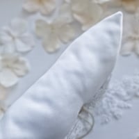 Image 4 of White Satin Ring Bearer Pillow with Intricate Lace and Faux Pearl Accent