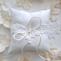 Image 5 of White Satin Ring Bearer Pillow with Intricate Lace and Faux Pearl Accent