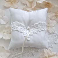 Image 3 of White Satin Ring Bearer Pillow with Intricate Lace and Faux Pearl Accent
