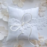 Image 1 of White Satin Ring Bearer Pillow with Intricate Lace and Faux Pearl Accent