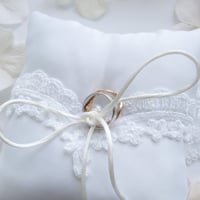 Image 2 of White Satin Ring Bearer Pillow with Intricate Lace and Faux Pearl Accent