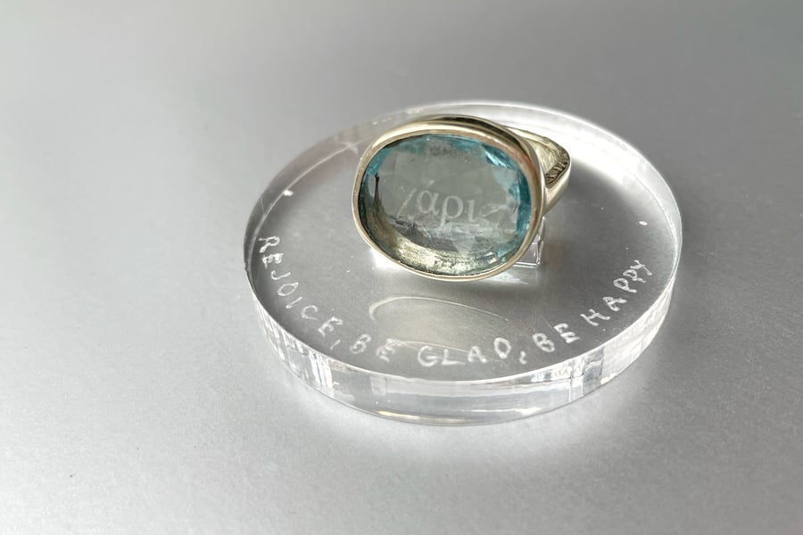 Image of Xαρις / beauty, glory, favour, honour, reward electrum ring with aquamarine