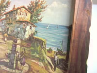 Image 6 of Vintage Coastal Rustic Village Art Print c 1950s, Frame Size 17 7/8 x 14 ins, unsigned, frame wear