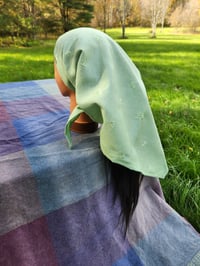Image 1 of Linen Triangle Bandana in Soft Lime with embroidered flowers
