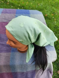 Image 2 of Linen Triangle Bandana in Soft Lime with embroidered flowers