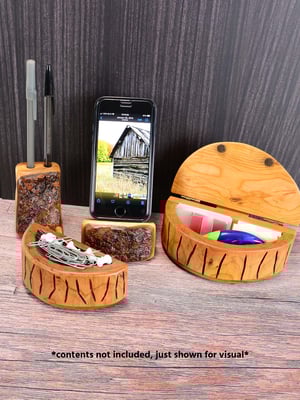 Image of 5 piece desk set made out of cherry wood with live edge, and a 18x36 wood grain desk mat