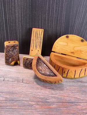 Image of 5 piece desk set made out of cherry wood with live edge, and a 18x36 wood grain desk mat